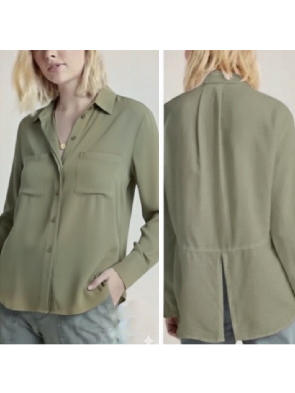 Cloth & Stone Lindsay Sage Green Tencel Button Down Shirt Split Back Size Small